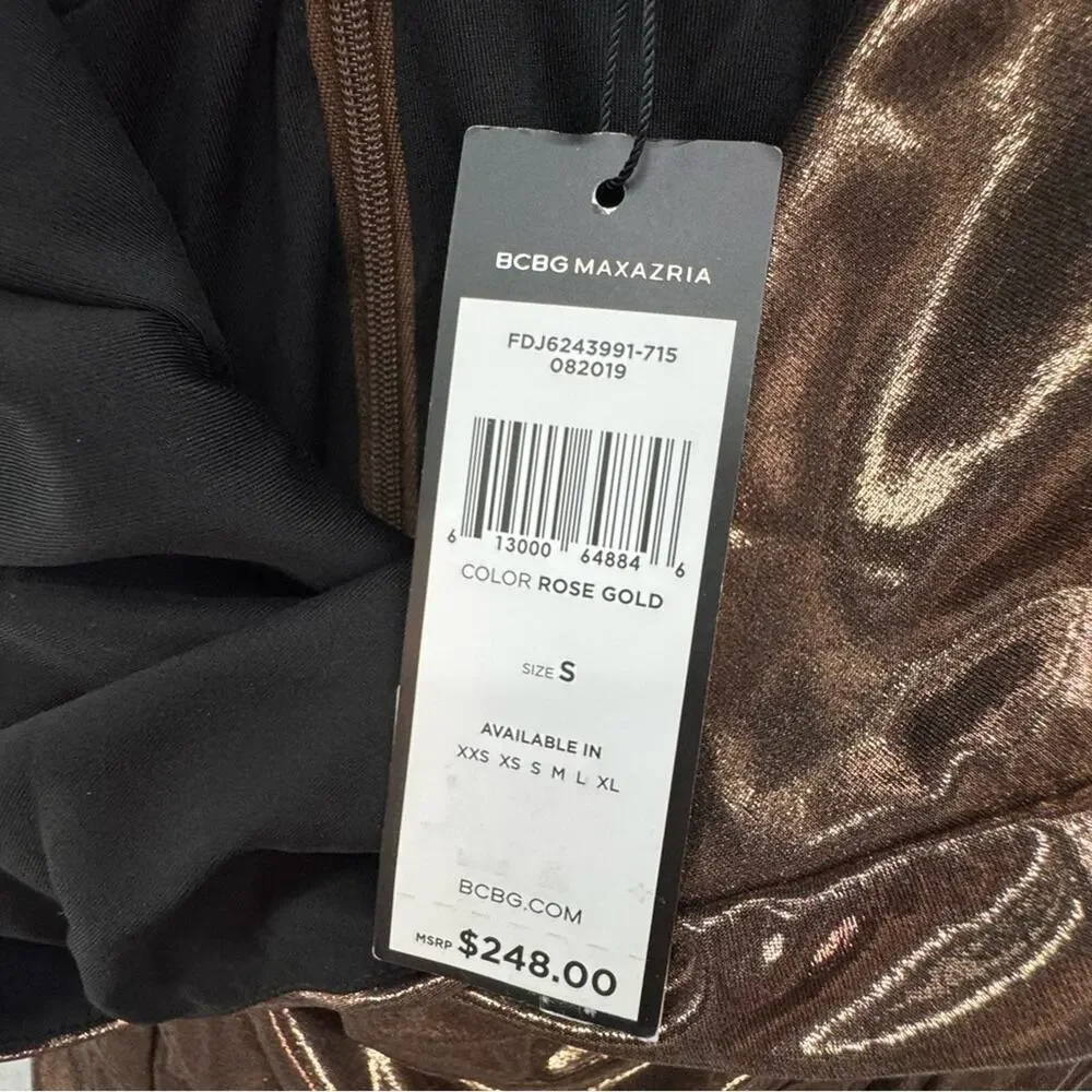 NWT BCBG Maxazria One Shoulder Rose Gold Metallic Rouched Dress size Small - Picture 3 of 6